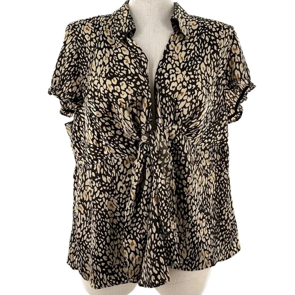 Lane Bryant womens top size 22-24 brown leopard print knotted neck career